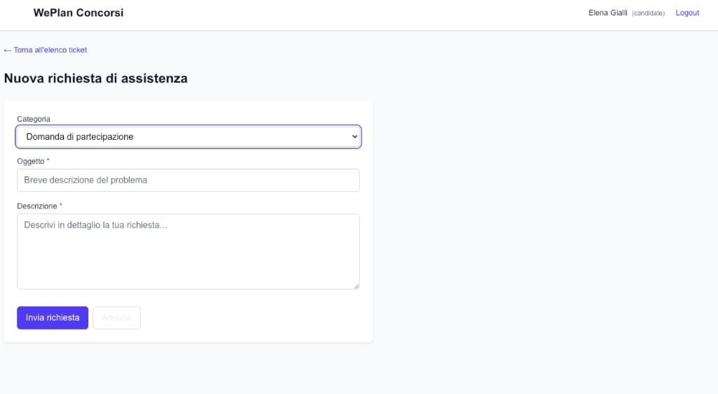 WePlan Concorsi: nuova richiesta di assistenza con categoria, oggetto e descrizione