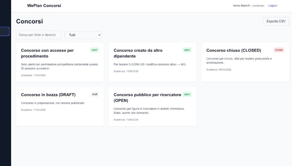 Elenco concorsi WePlan Concorsi: vista candidato con ricerca, filtri, card per bando e scadenze